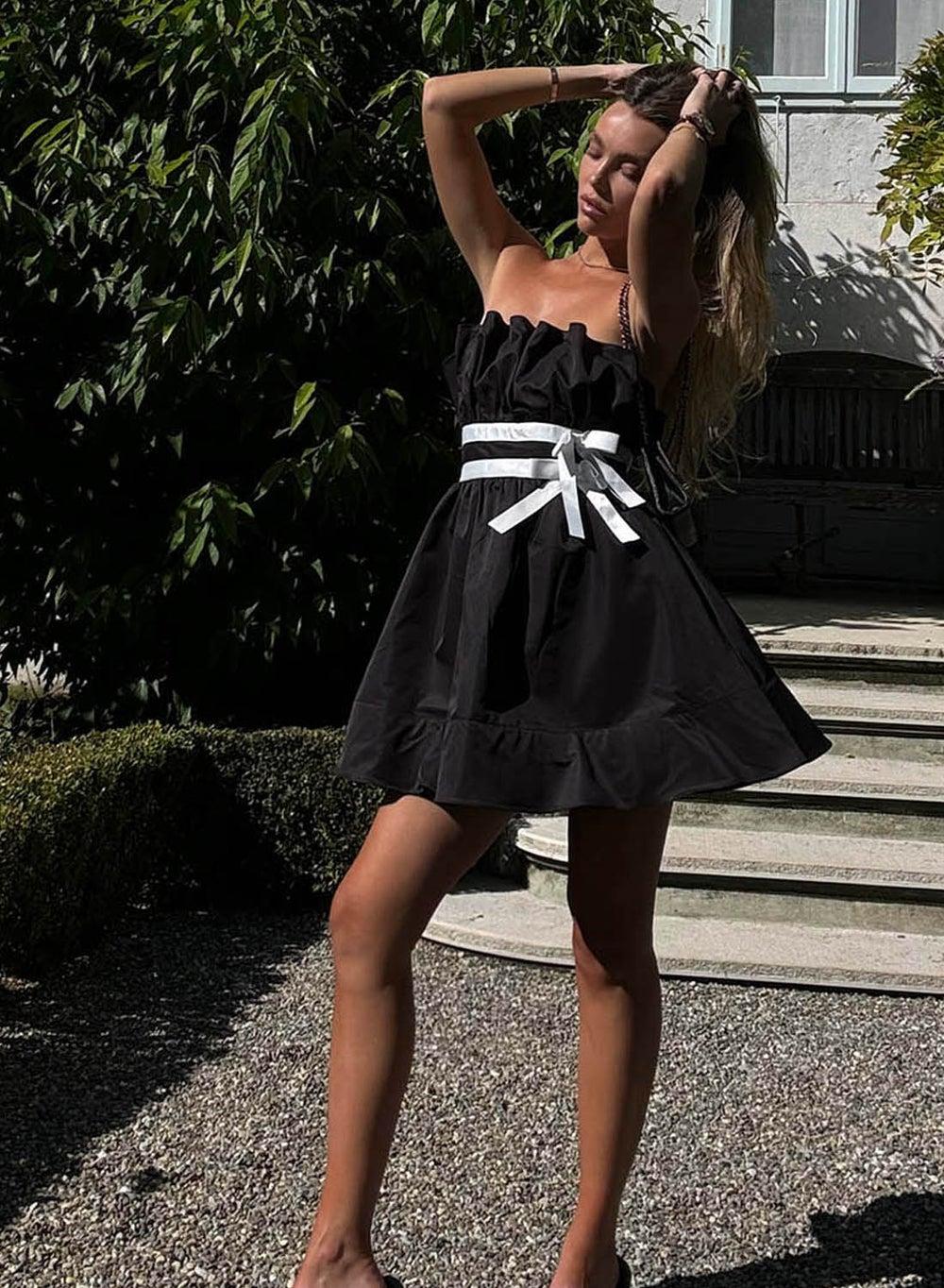 Strapless Black Bow Mini Dress - Image 1