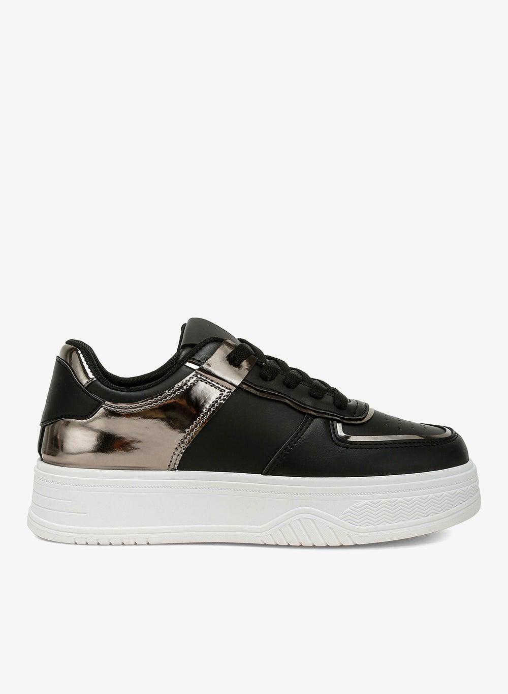 Metallic Paneling Platform Sneakers in Black Pewter - Image 1