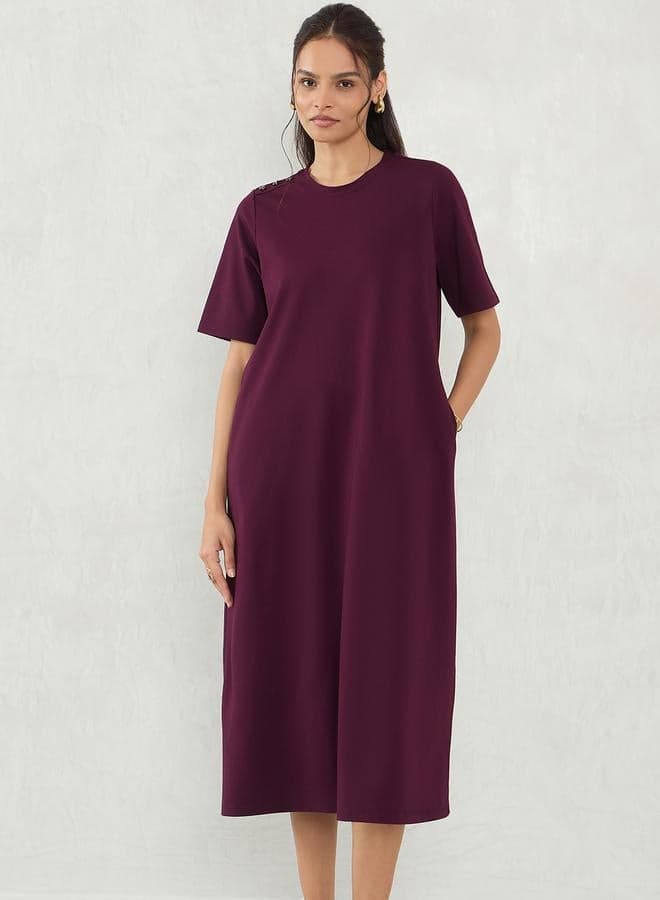 Femmella Burgundy Solid Knit Midi Dress with Slit Detail - Image 1