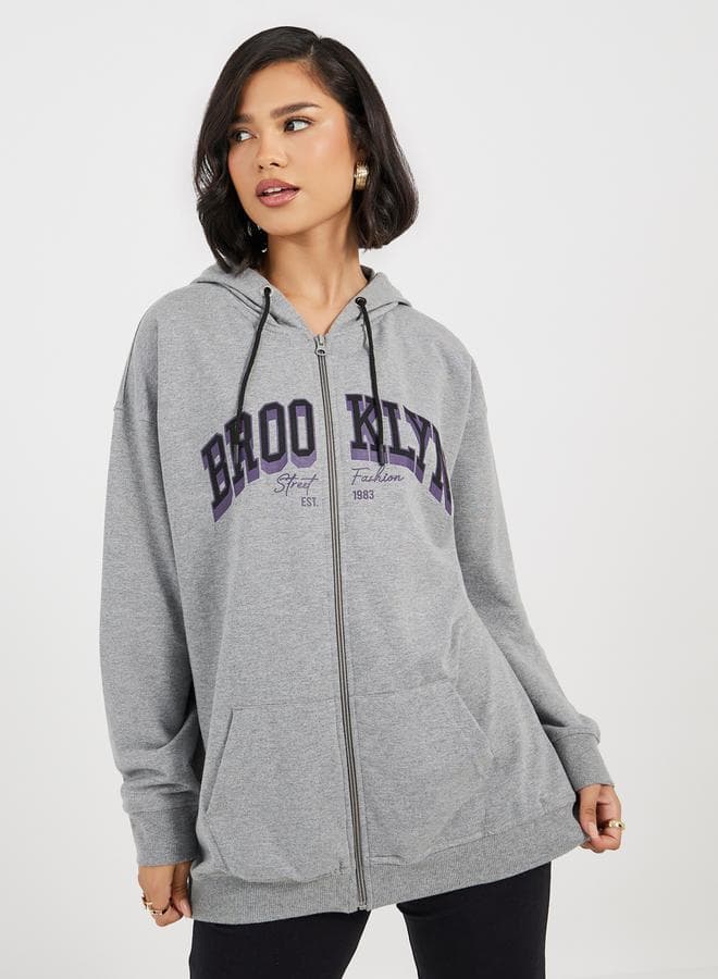 Oversized Longline Zip Through Slogan Hoodie - Image 1