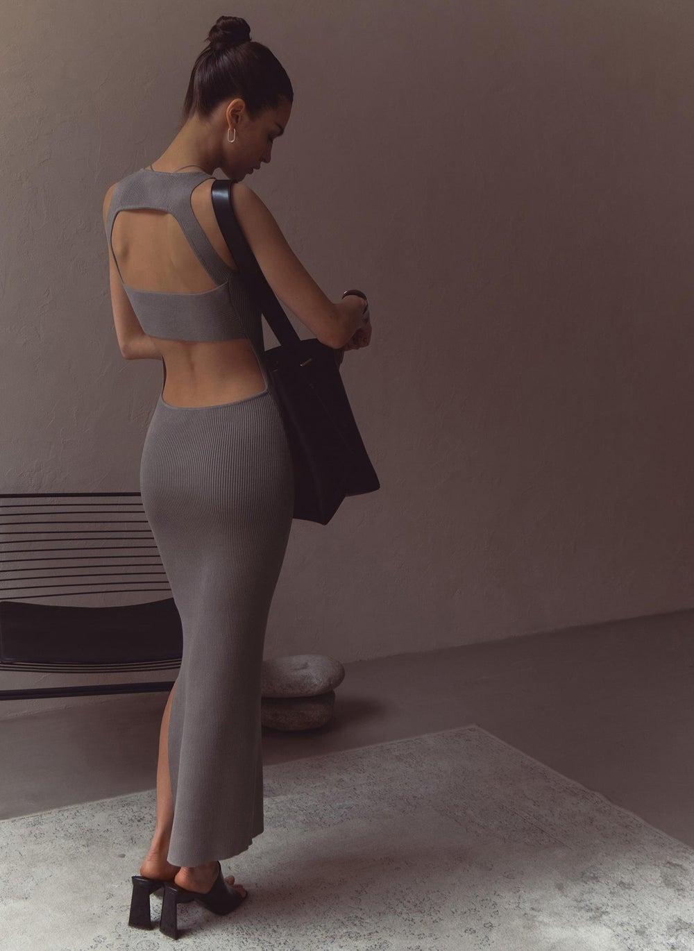 Grey Knitted Maxi Dress with Open Back - Image 1