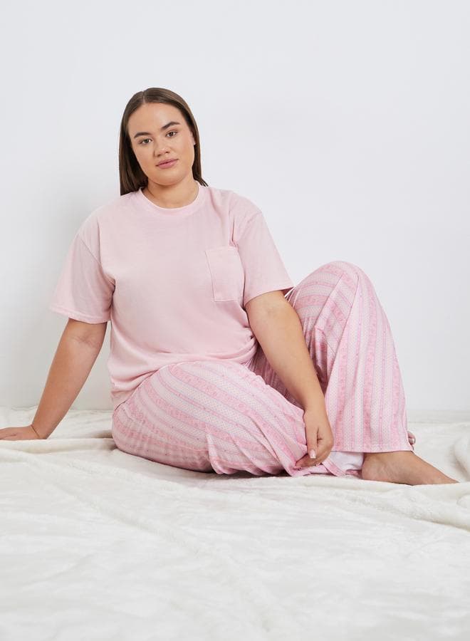 Styli Plus Floral Stripe Drop Shoulder Pyjama Set - Image 1