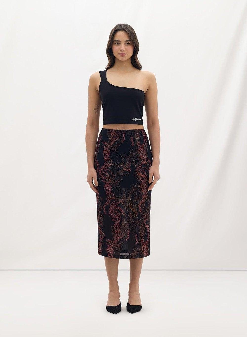 SKIRT 001 Fitted Midi Skirt in Black Seaweed Print - Image 1