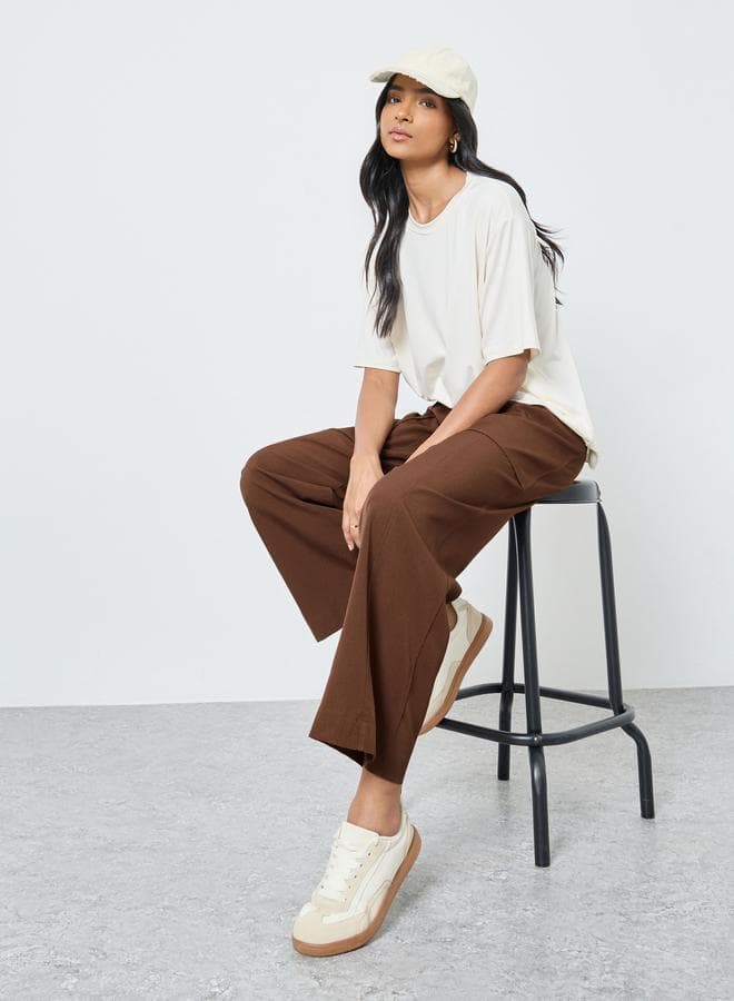 Solid Wide Leg Brown Pants with Drawstring - Image 1