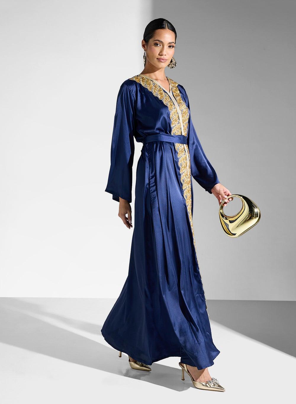 Navy Embroidered Satin Dress with Belted Waist - Image 1