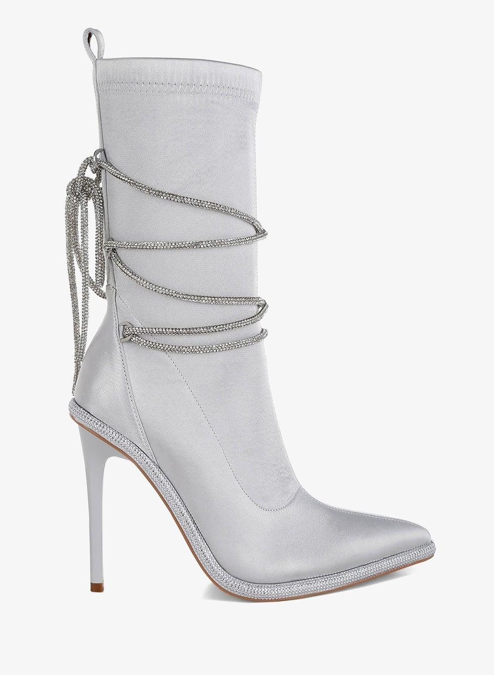 Silver Rhinestones Strap Satin Calf Boots - Image 1
