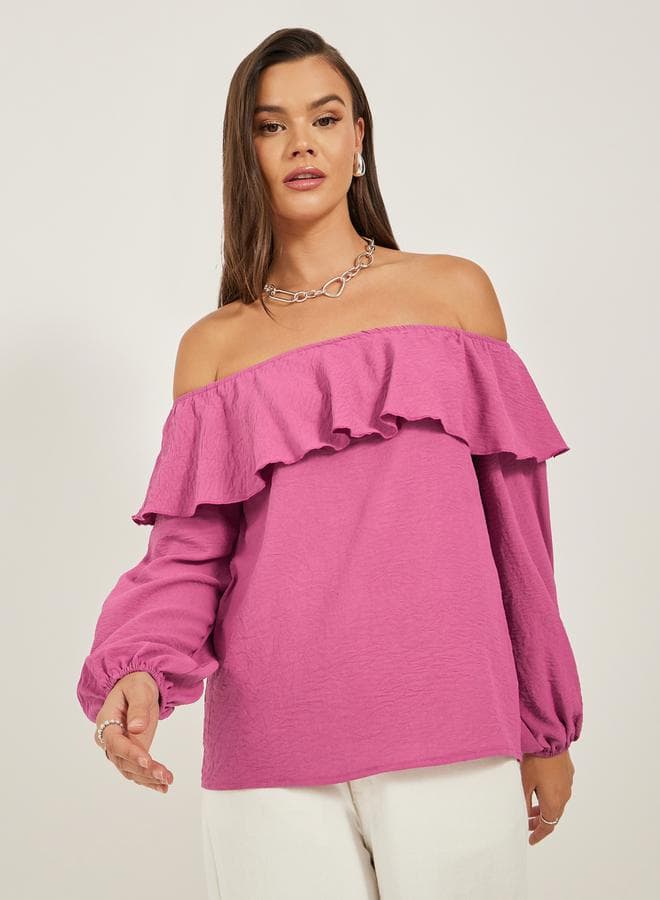 Solid Ruffled Trim Off-Shoulder Blouse - Image 1