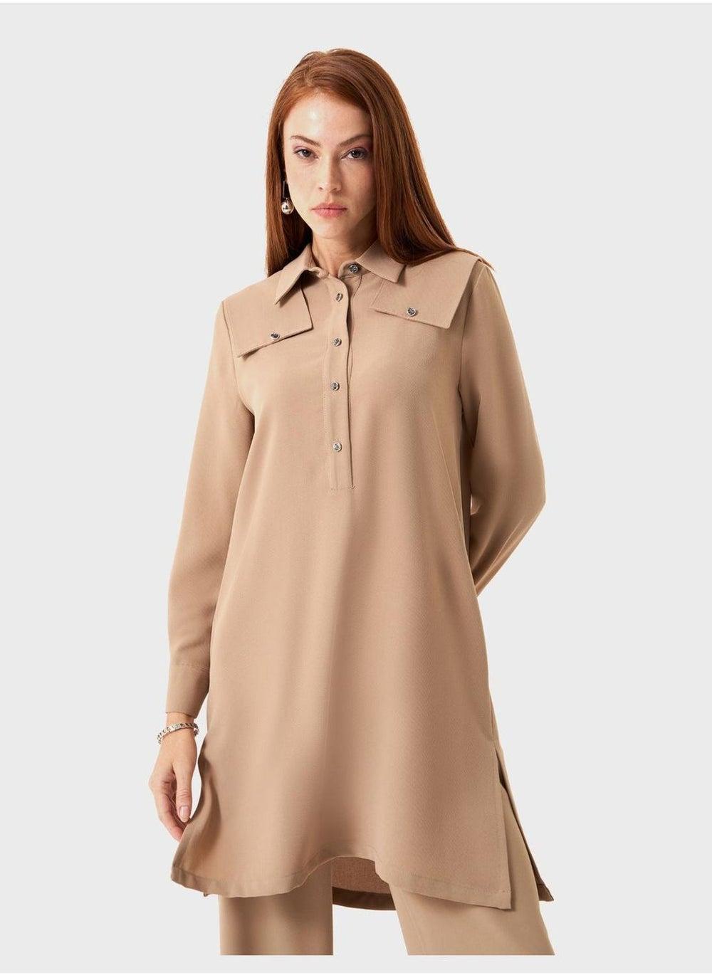 Button Detail Collar Neck Modest Top - Image 1