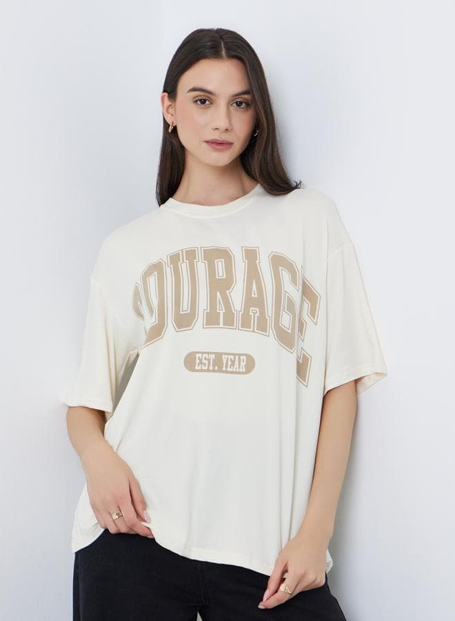 Take Two Beige Oversized Slogan T-Shirt - Image 1