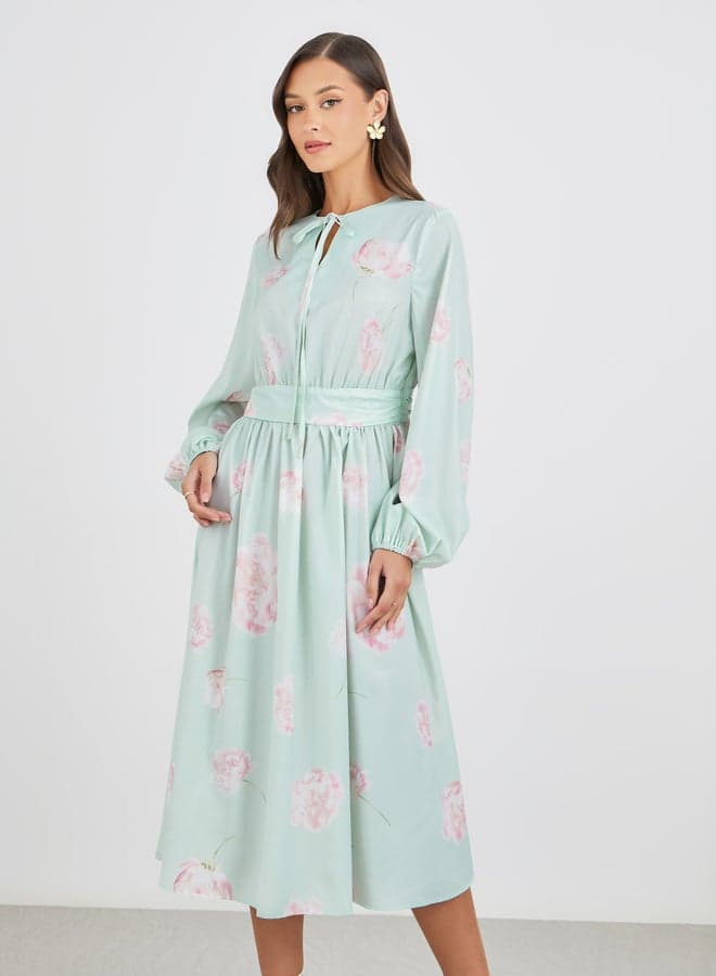 Floral Print Balloon Sleeve Cinched Waist Midi Dress - Image 1