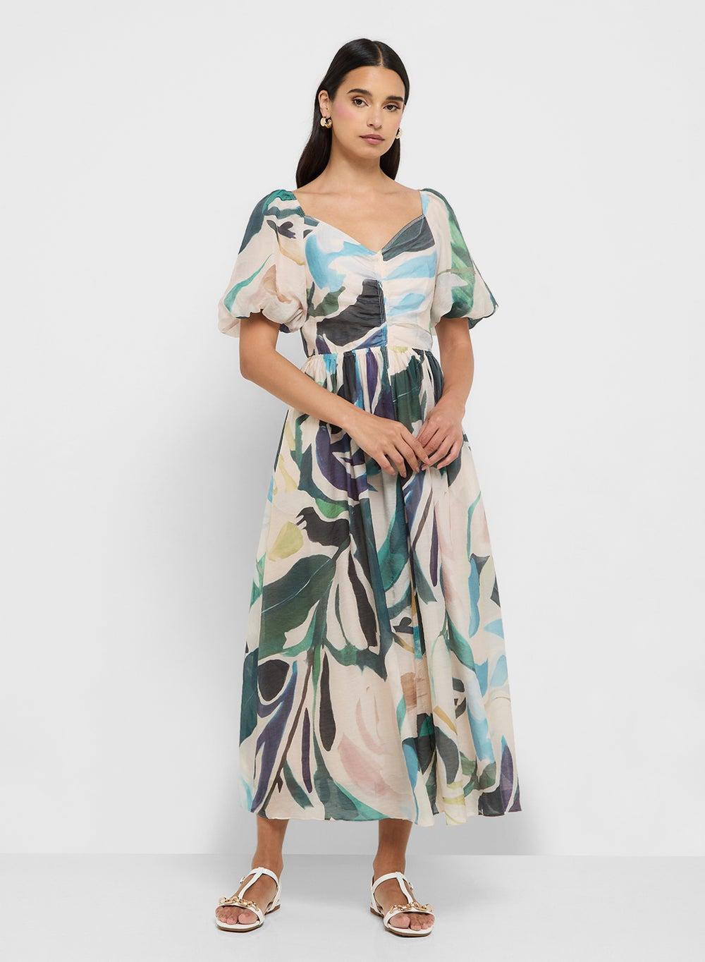 Printed Puff Sleeve Ruched Midi Dress - Image 1