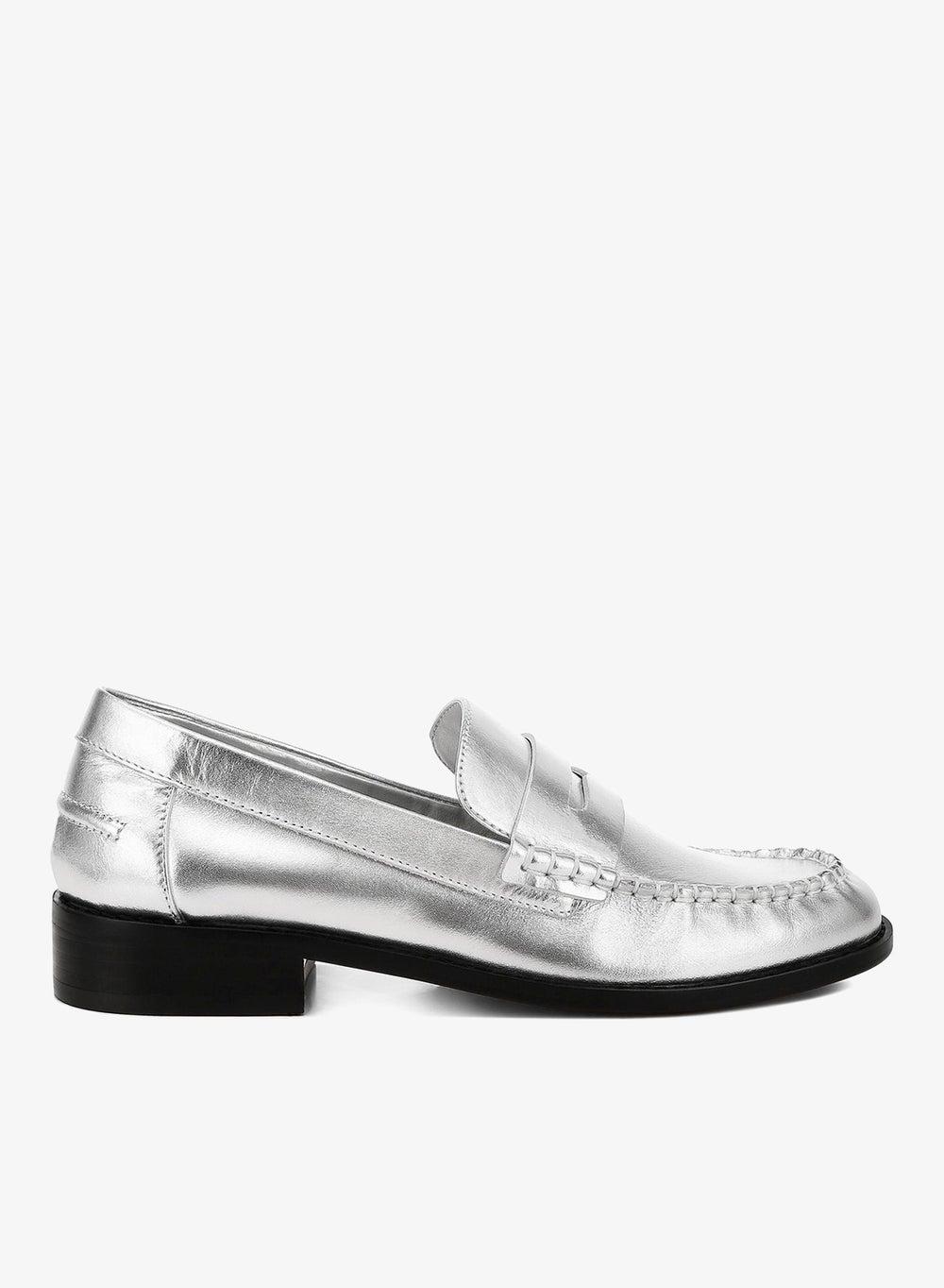 Genuine Leather Silver Loafers with Low Block Heel - Image 1