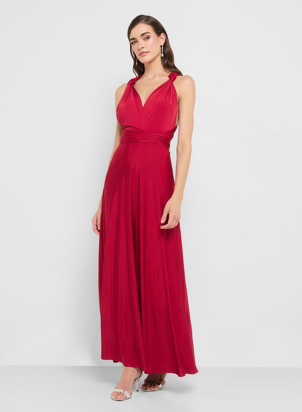 Red Satin Halter Maxi Dress with Wrapped Waist - Image 1