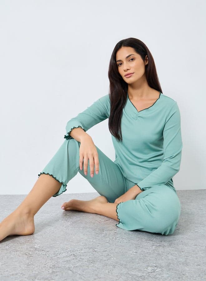 Green Ribbed Ruffle Hem Pyjama Set - Image 1