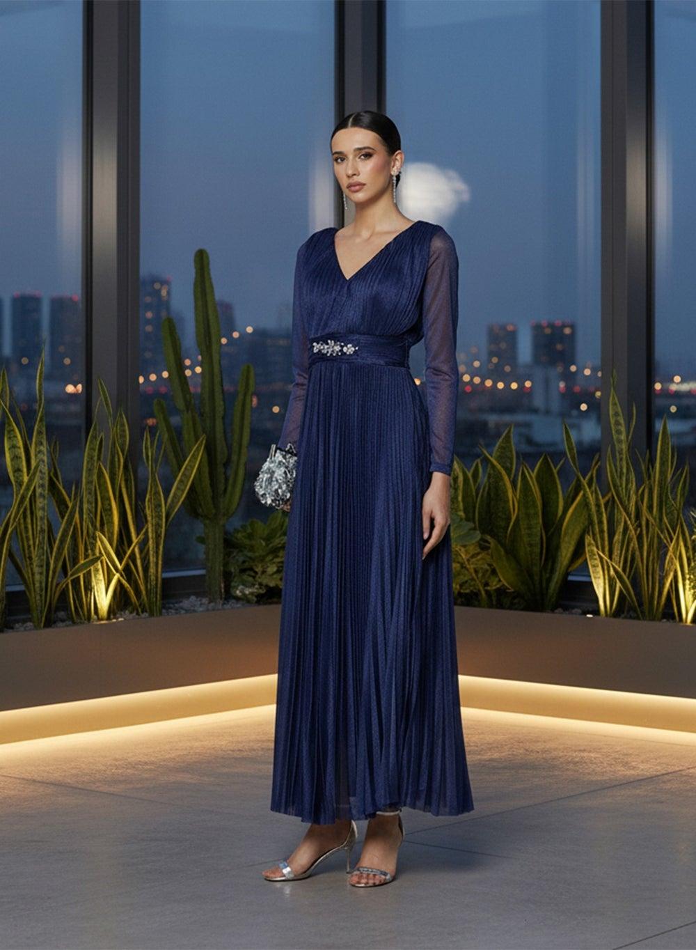 Pleated A-Line Maxi Dress with Sheer Sleeves - Image 1