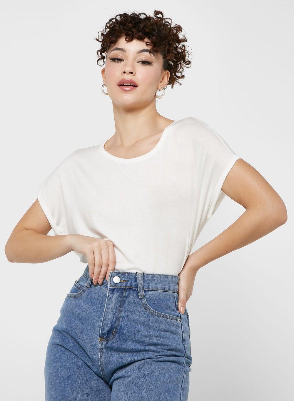 Round Neck Lyocell Top with Fold-Up Cap Sleeves - Image 1