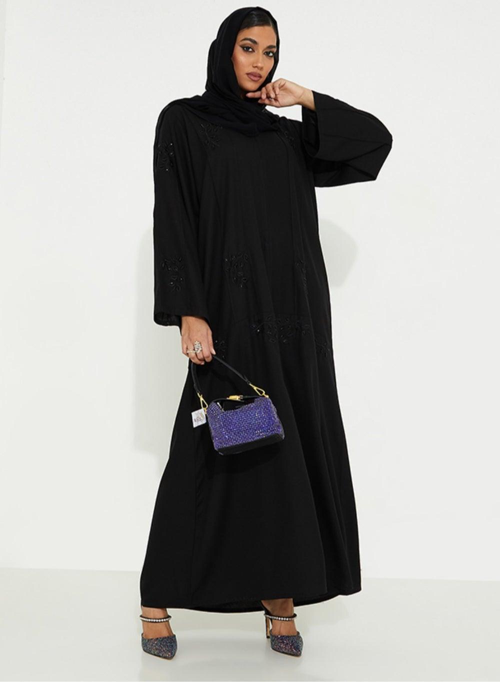 Embellished Open Abaya with Hand Embroidery and Wide Sleeves - Image 1