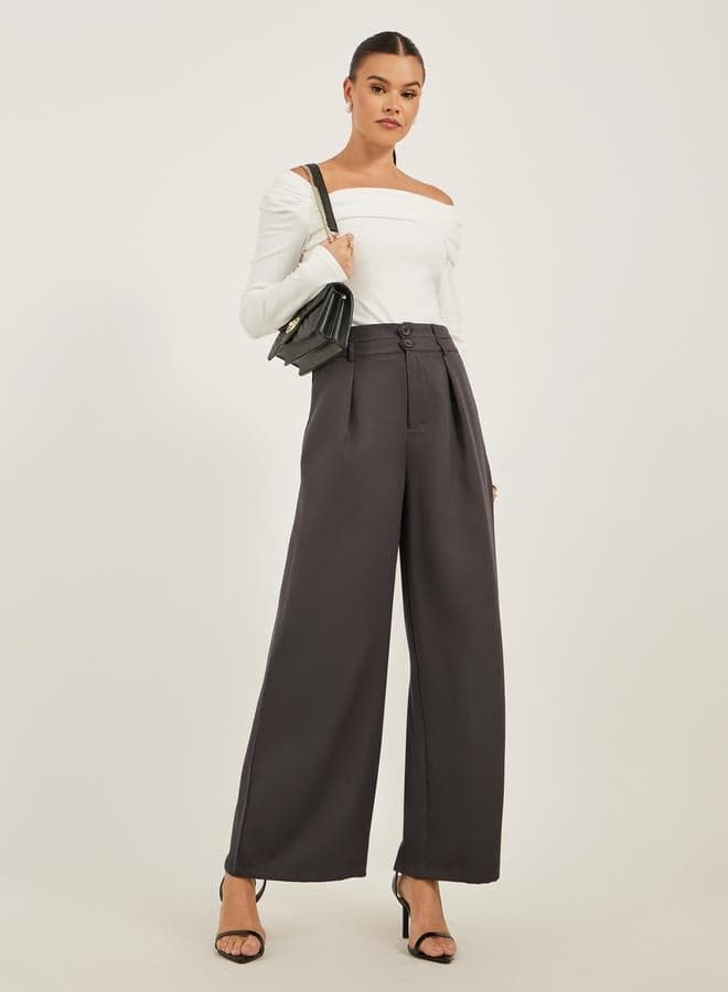 Styli Pleated Wide Leg Pants with Double Buttoned Waistband - Image 1