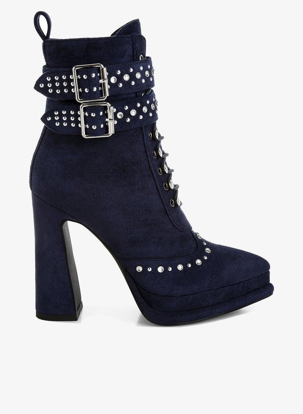 Navy Harness Detail Lace Up Ankle Boots - Image 1