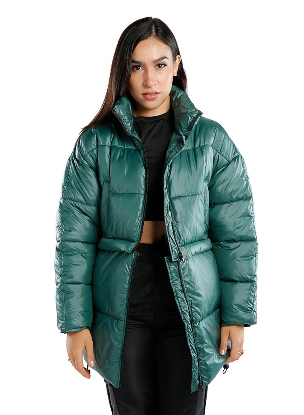 Green Two-Way Detachable Turtleneck Puffer Jacket - Image 1