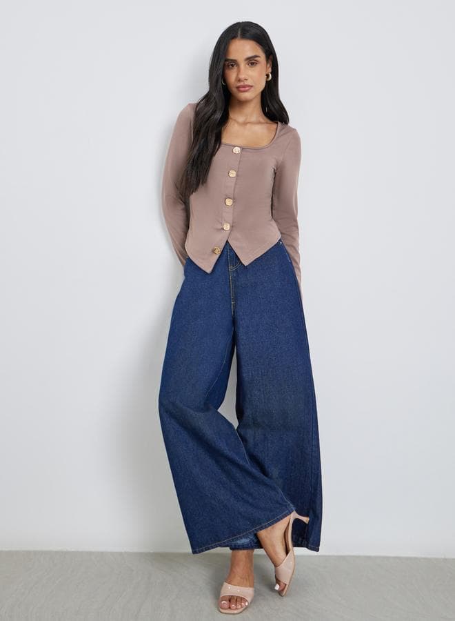 Styli Solid Square Neck Buttoned Top - Image 1