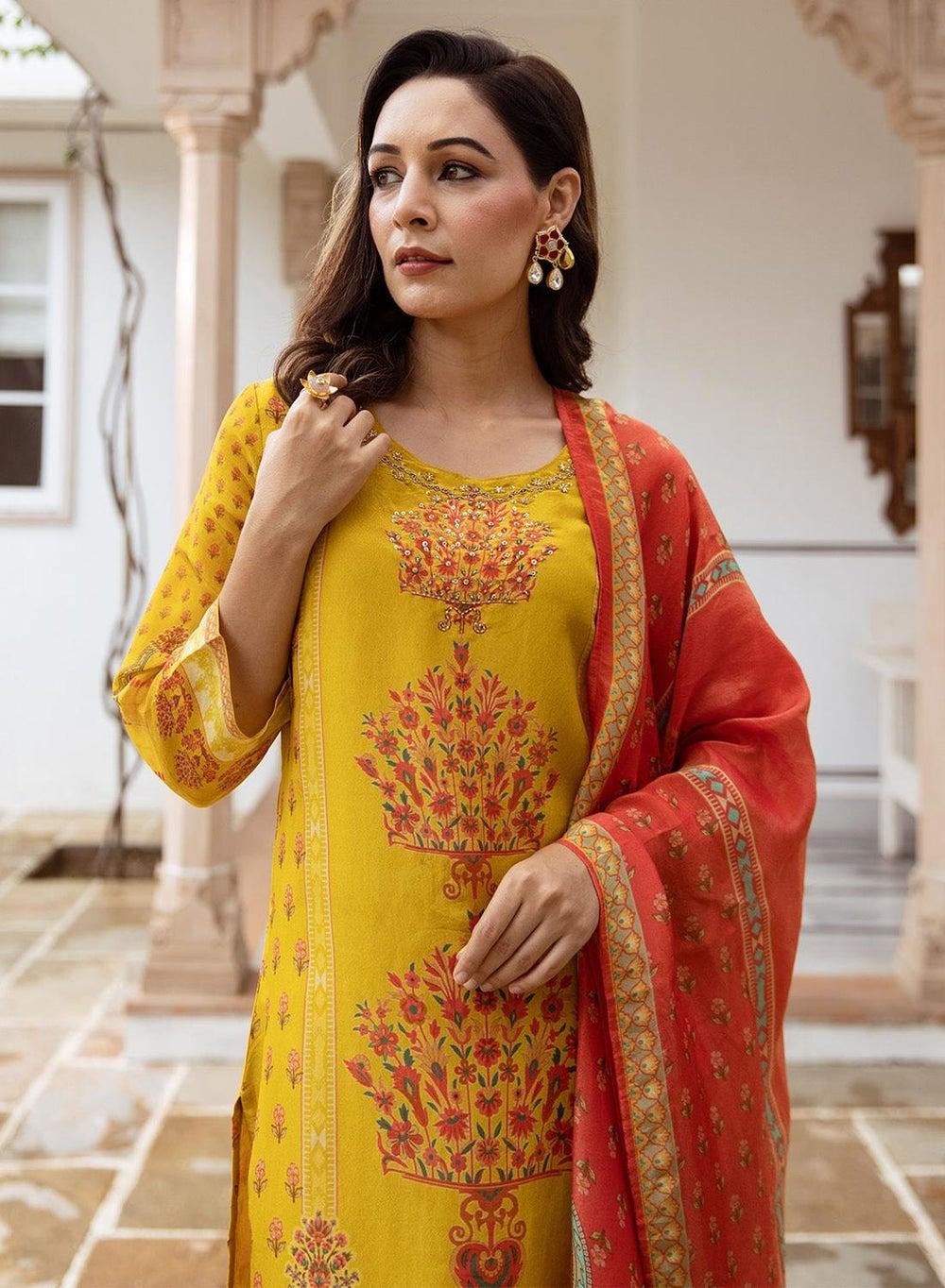 Mustard Viscose Blend Printed Straight Fit Kurta Set - Image 1
