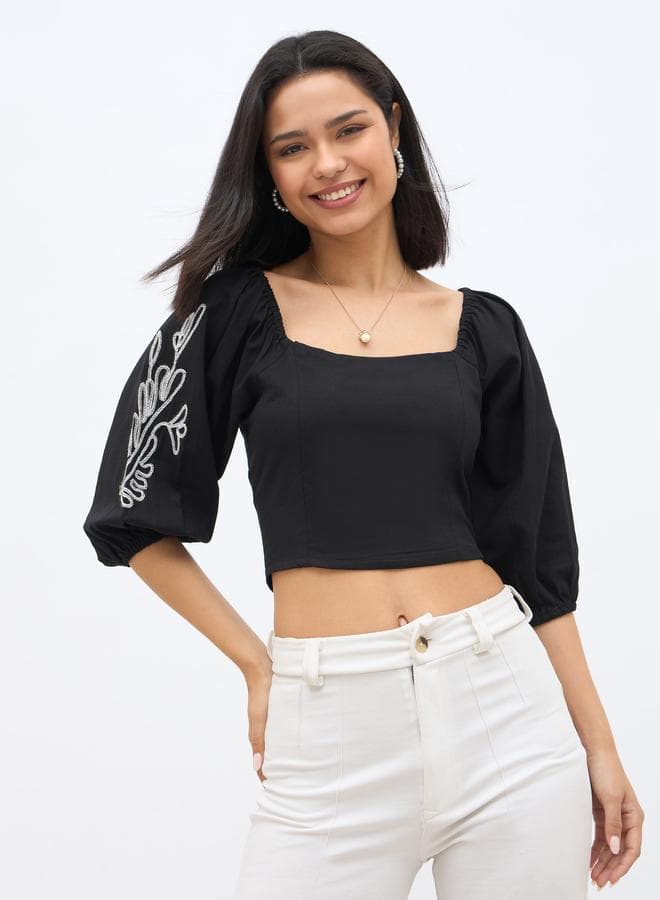 Styli Embroidered Long Sleeve Crop Top - Image 1