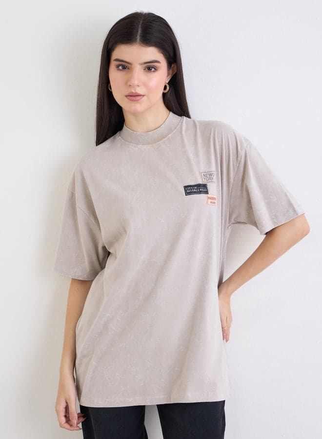 Styli Beige Washed Oversized Badge Detail T-Shirt - Image 1