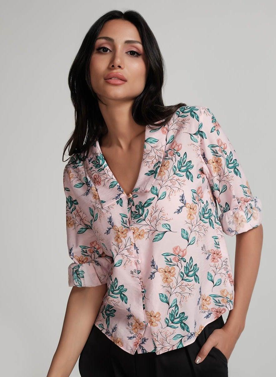 Large Pink Printed Collared V-Neck Shirt - Image 1