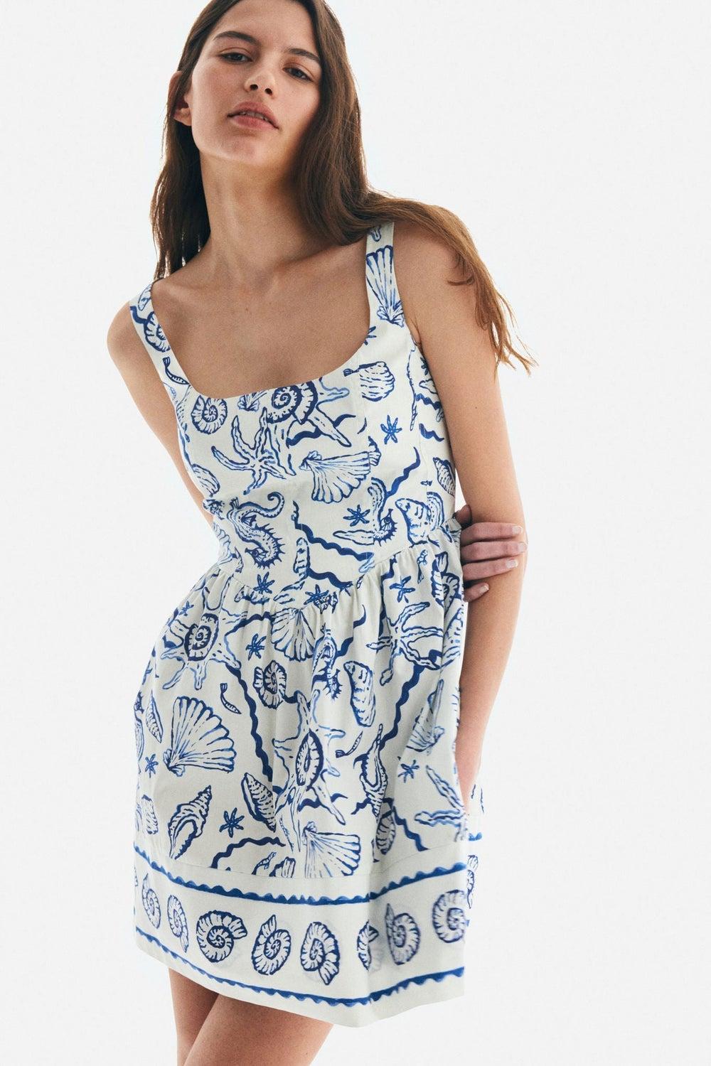 Flared-Skirt Cotton Mini Dress with Square Neckline - Image 1