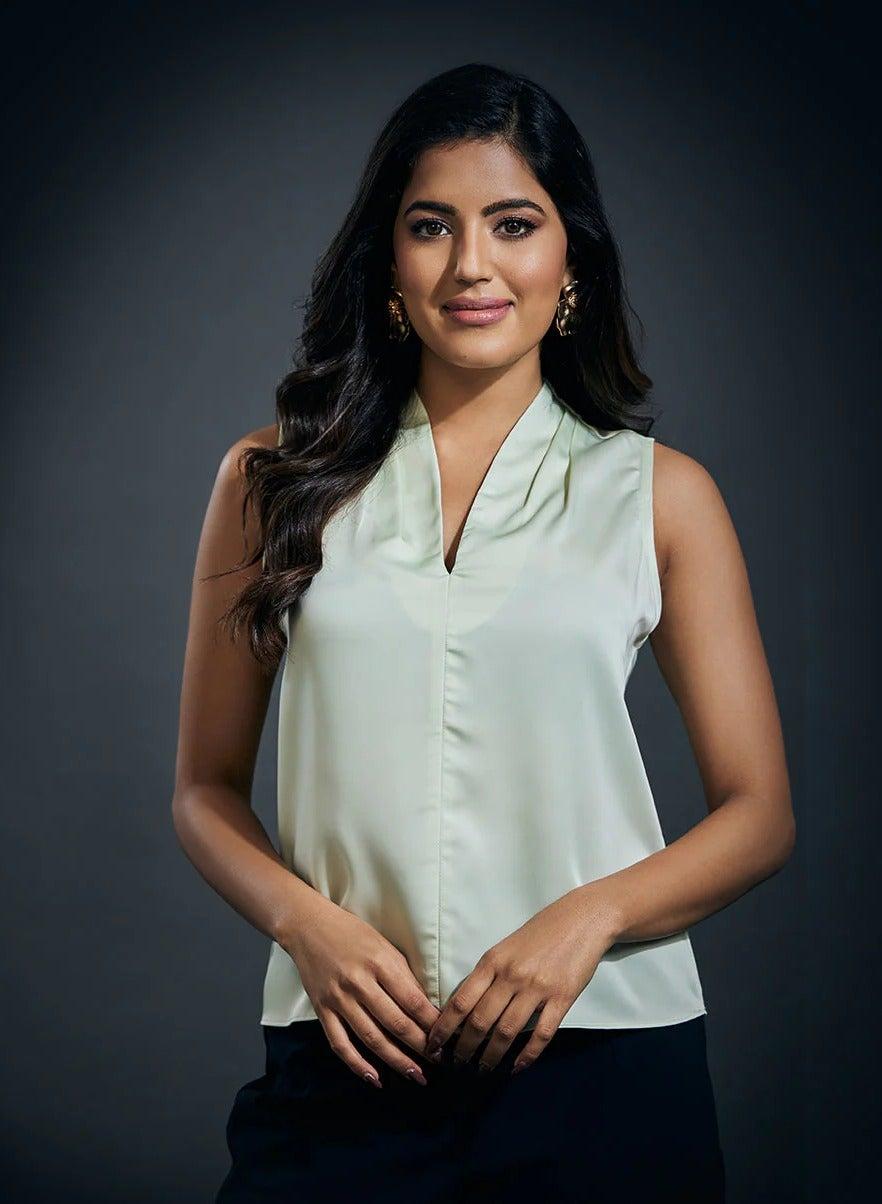 Light Green Sleeveless Satin V-Neck Top - Image 1