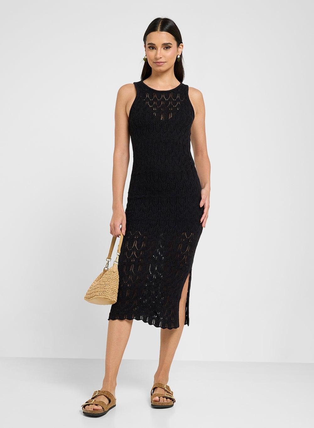Black Crochet Sleeveless Midi Dress with Side Slit - Image 1