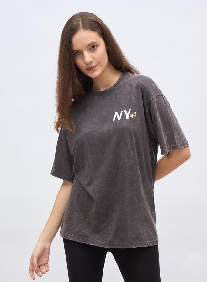Slogan Print Acid Washed Oversized T-Shirt - Image 1