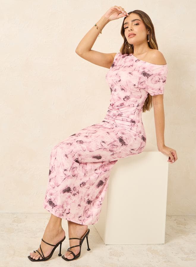 Styli Pink Tie-Dye Ruched One-Shoulder Midi Dress - Image 1