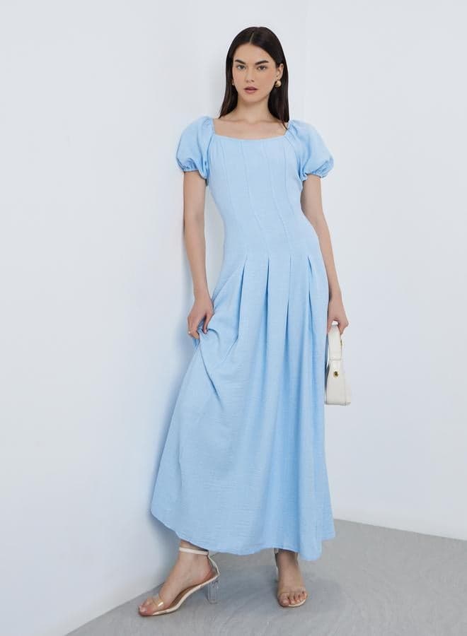 Take Two Solid Puff Sleeve Pleated Maxi Dress - Image 1