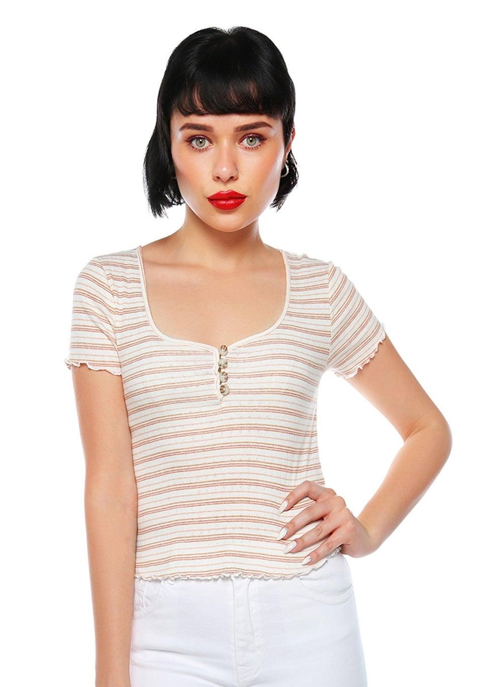 Ivory Striped Casual Top with Button Detail - Image 1