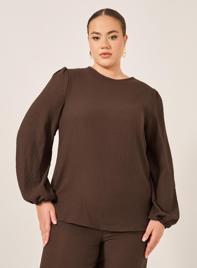 Plus Size Solid Long Sleeve Puff Sleeve Top - Image 1