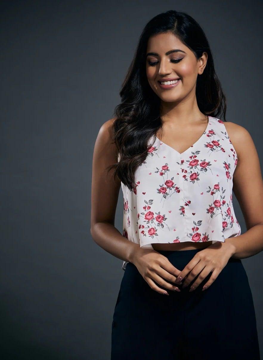 Printed V-Neck Floral Satin Tank Top - Image 1