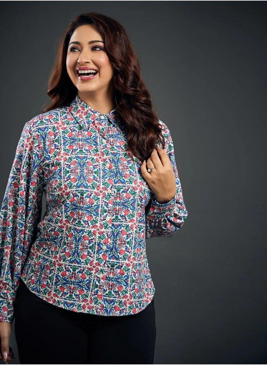 Blue Printed Shirt with Cuff Detail - Image 1