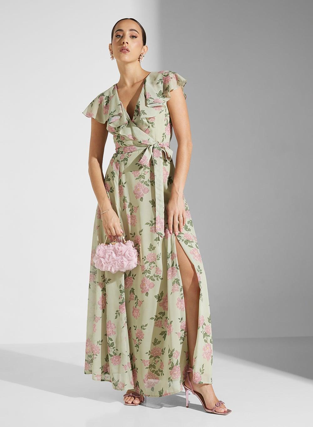 Floral Ruffle Maxi Dress with Waist Tie - Image 1