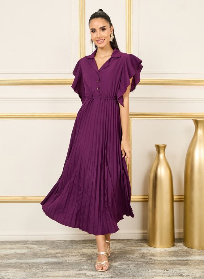 Styli Accordion Pleated Notch Neck Maxi Dress - Image 1