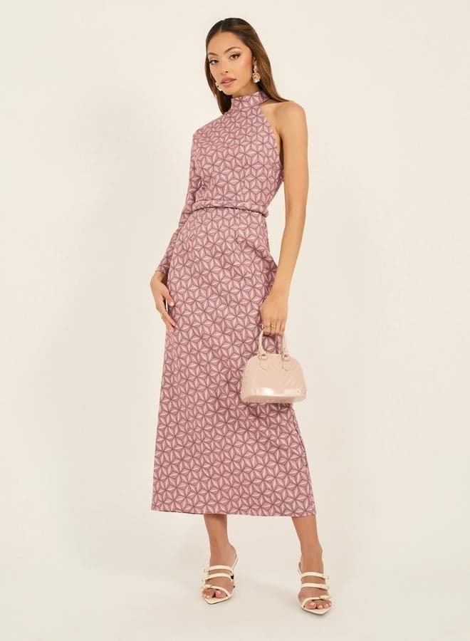 Geometric Print Midi Dress with High Neckline - Image 1