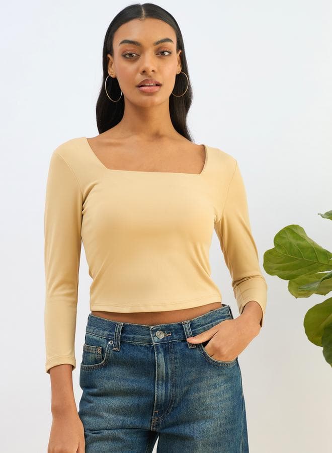 Beige Square Neck Knitted Crop Top - Image 1