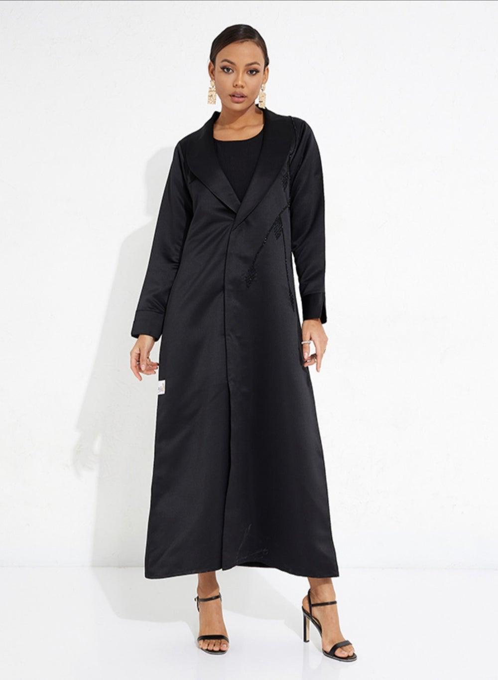 Black Embroidered Jacket Style Abaya - Image 1