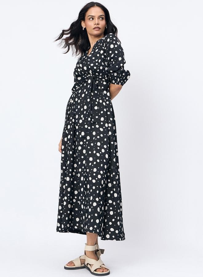 Femmella Black Spot Print Wrap Maxi Dress - Image 1