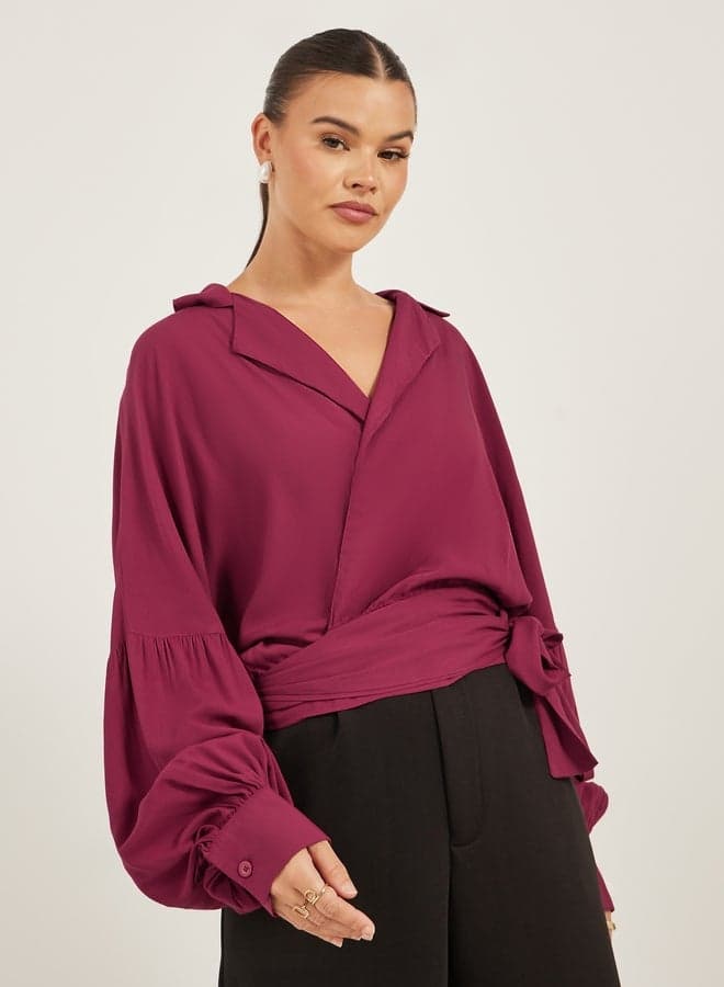 Styli Balloon Sleeve Notch Lapel Viscose Wrap Blouse - Image 1