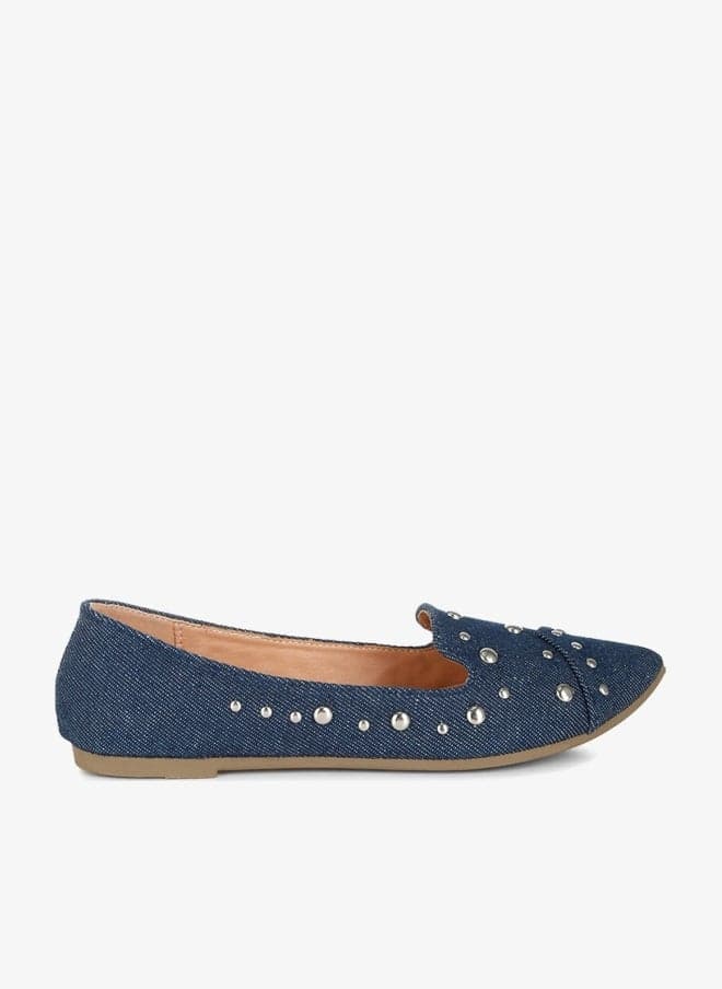 Stud-Embellished Denim Ballet Flats - Image 1