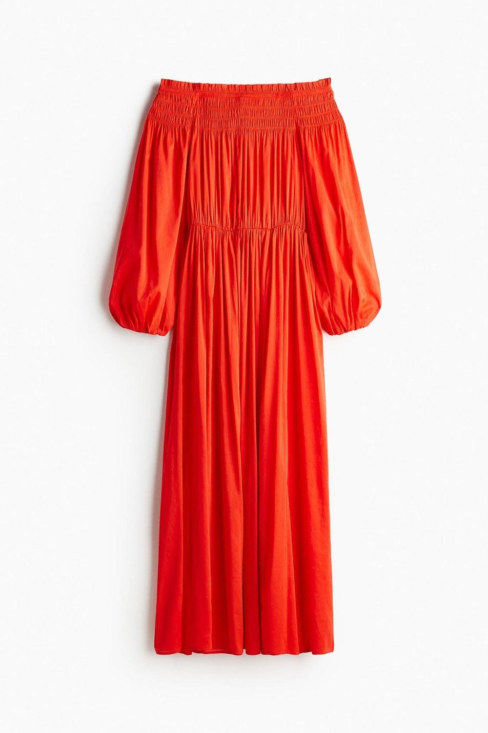 Smock-Topped Off-Shoulder Calf-Length Cotton Dress - Image 1