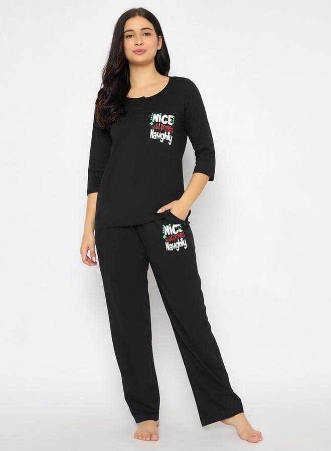 Clovia Text Print Cotton Top and Pyjama Set - Image 1