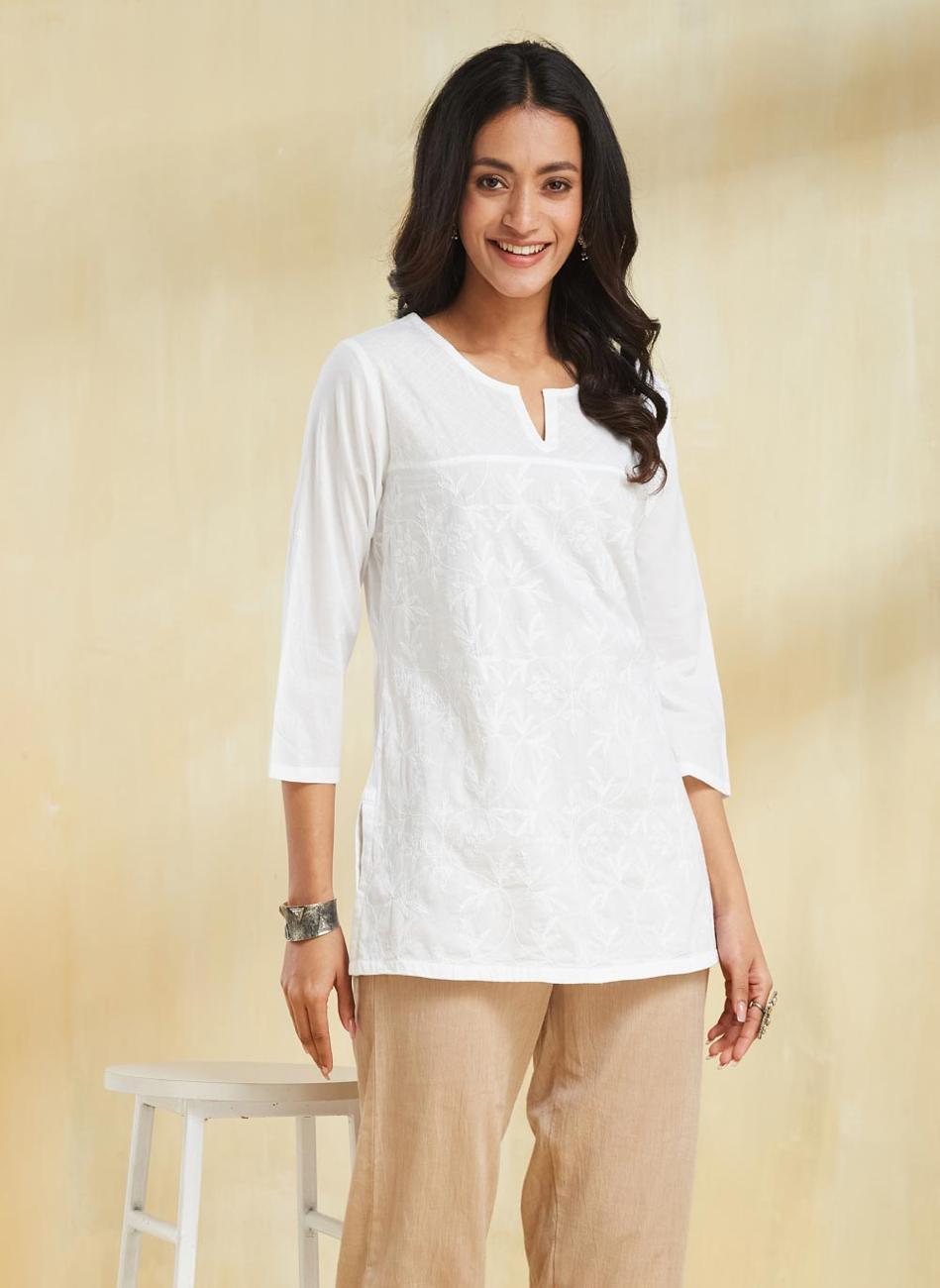 White Cotton Chikankari Slim Fit Short Kurta - Image 1